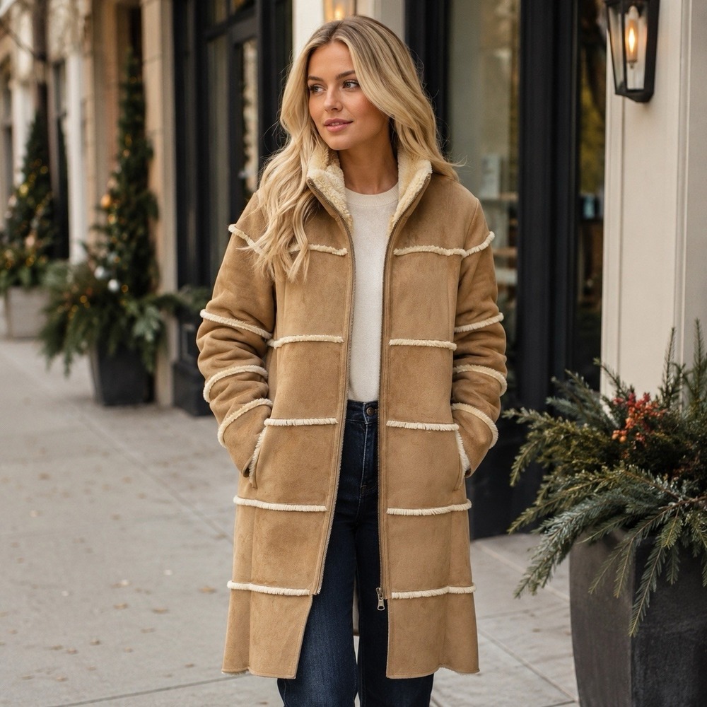 Vintage Dennis Basso‎ Studio Tan Faux Suede & Fur Jacket Winter Cozy Mob Wife XL